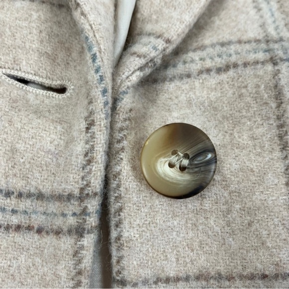 Vintage LANDSEND Womens Blazer Tan Plaid 100% Wool Button Front Cream Tan Blue - Picture 3 of 10